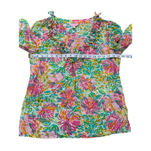 Lilly Pulitzer Silk Blouse Floral Ruffle Neck Short Sleeve Green Pink Top Size L - Picture 5 of 8